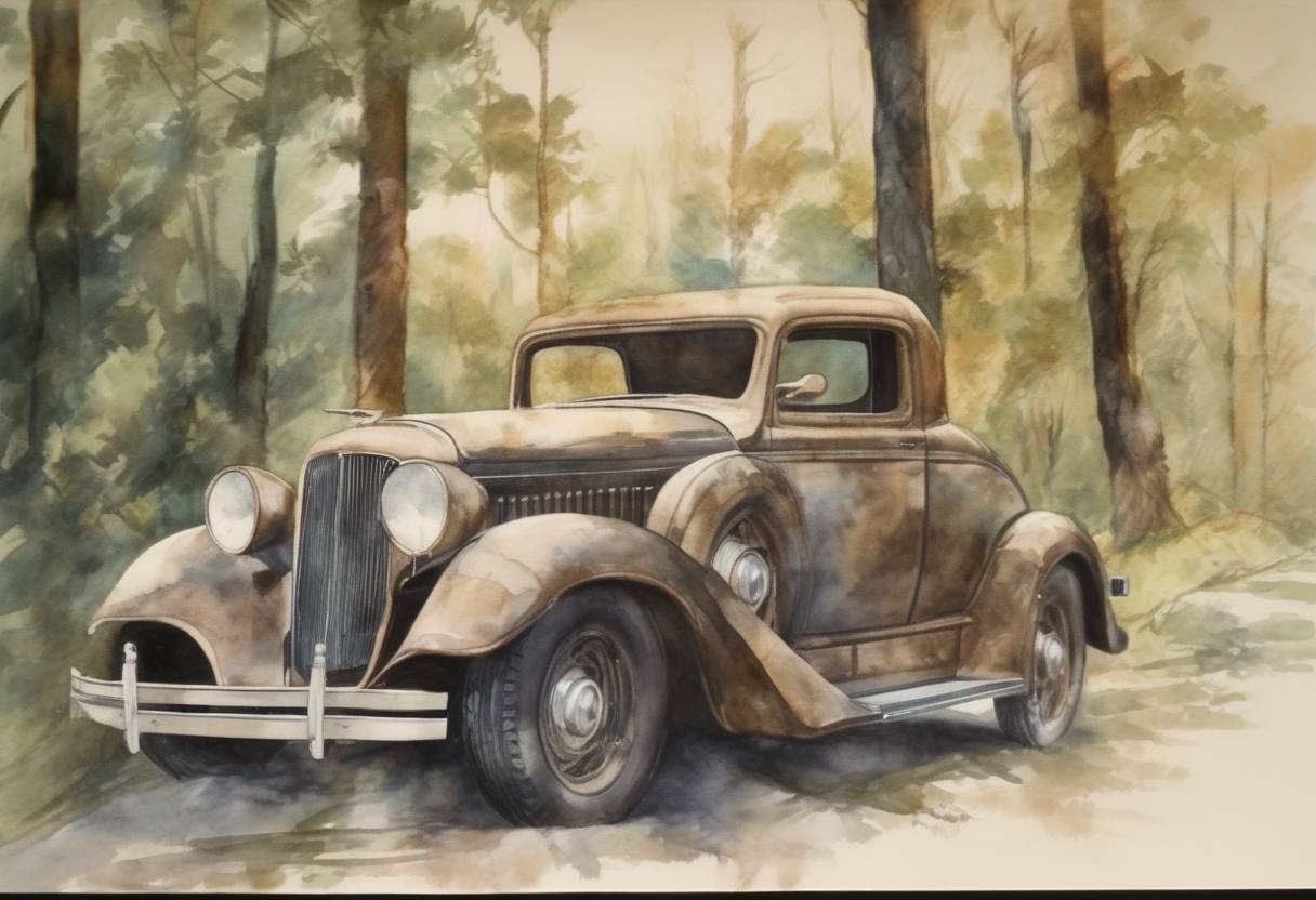 Watercolor painting based depiction of Bonnie Parker and Clyde Barrow, infamous American criminals, were ambushed and killed by law enforcement officers in Bienville Parish, Louisiana. (1934)