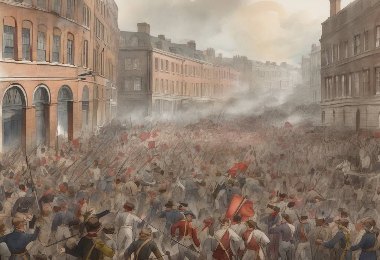 Watercolor painting based depiction of The Peterloo Massacre took place in Manchester, England, where cavalry charged into a crowd of 60,000–80,000 who had gathered to demand the reform of parliamentary representation. (1819)