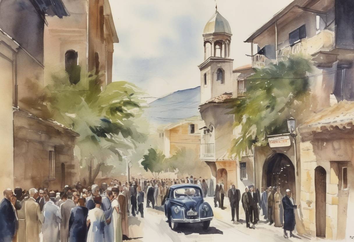 Watercolor painting based depiction of Cyprus gained independence from the United Kingdom, with Archbishop Makarios III becoming the first President of Cyprus. (1960)