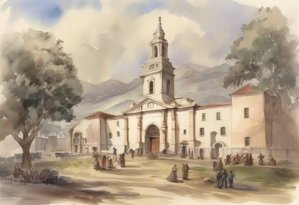 Watercolor painting based depiction of A group of Spanish missionaries established the Mission San Francisco de Asís in what is now San Francisco, California. (1776)