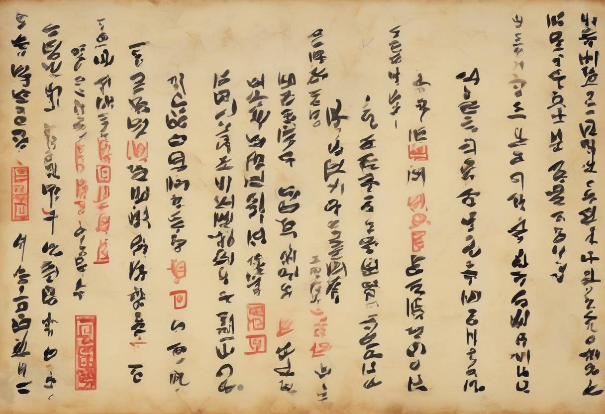 Watercolor painting based depiction of The Korean Hangul alphabet was created by King Sejong the Great and his scholars, marking a significant cultural development in Korea. (1446)