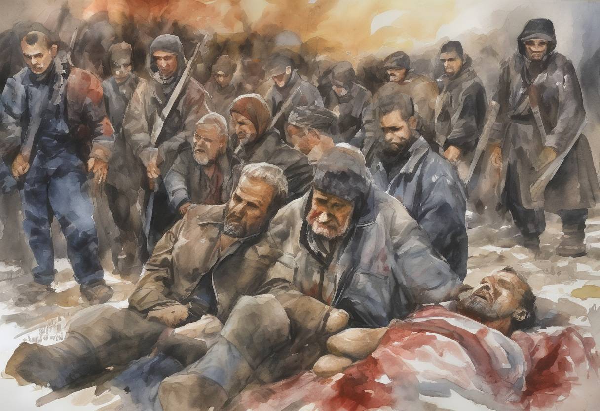 Watercolor painting based depiction of Unrest in Kosovo escalated into widespread violence between ethnic Albanians and Serbs, resulting in numerous deaths and injuries. This marked one of the worst outbreaks of violence in the region since the end of the Kosovo War in 1999. (2004)