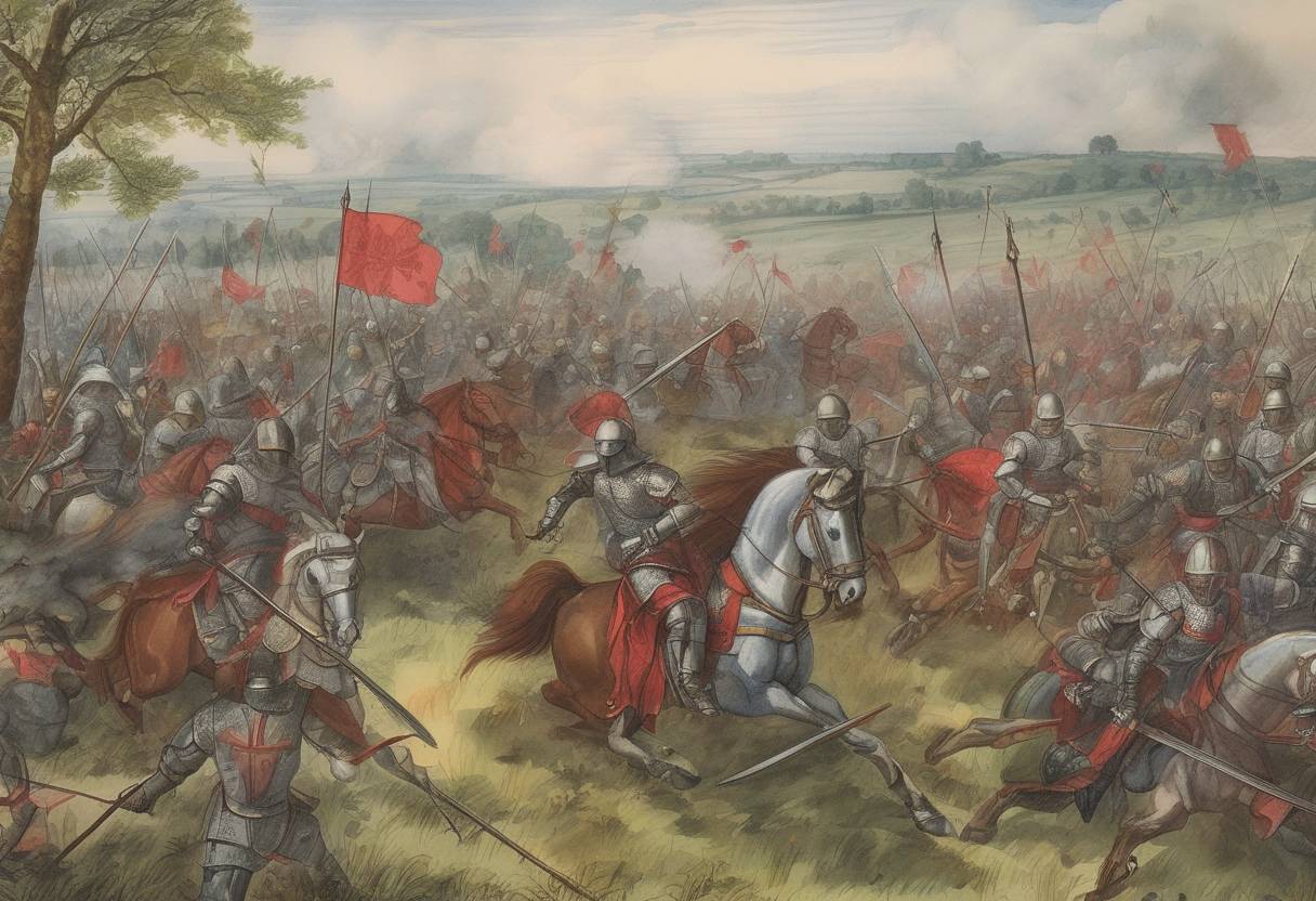 Watercolor painting based depiction of The Battle of Edgecote Moor takes place during the Wars of the Roses, resulting in a victory for the forces of Richard Neville, Earl of Warwick. (1469)