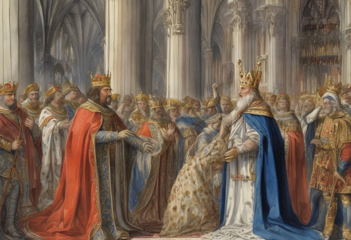 Watercolor painting based depiction of Otto I is crowned King of East Francia (Germany) at Aachen Cathedral, marking the beginning of his reign. (936)