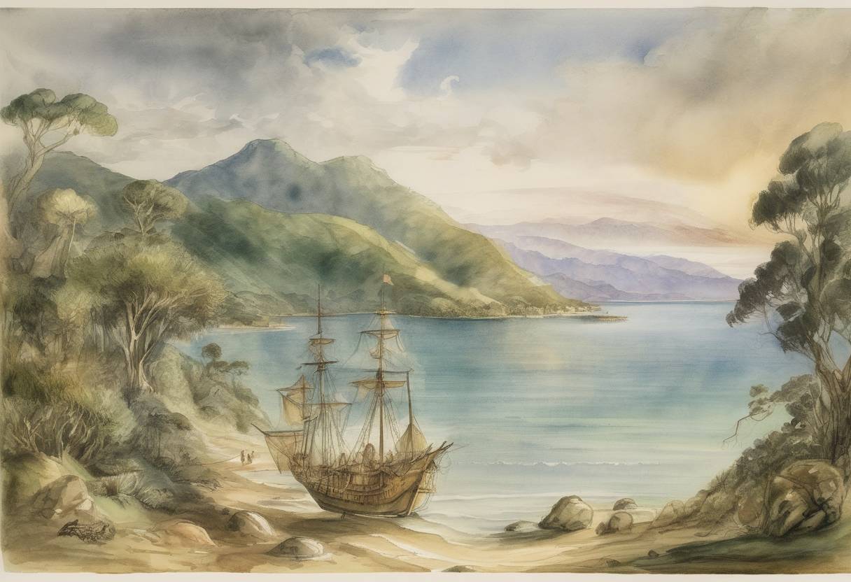 Watercolor painting based depiction of Abel Tasman becomes the first European to sight New Zealand. (1642)