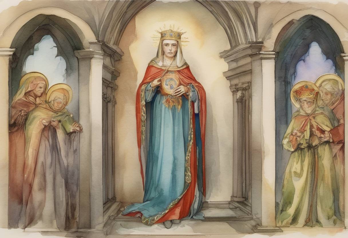 Watercolor painting based depiction of Saint Ludmila, grandmother of Saint Wenceslaus and a key figure in the Christianization of Bohemia, was murdered. (921)