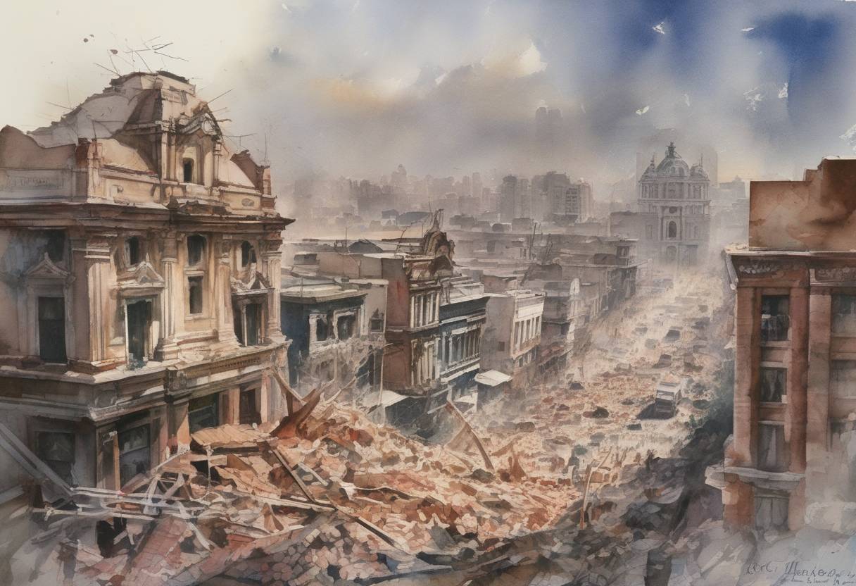 Watercolor painting based depiction of A devastating earthquake struck Mexico City, causing widespread destruction and resulting in thousands of deaths. It was one of the deadliest earthquakes in the history of the Americas. (1985)