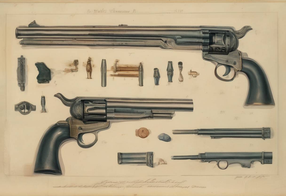 Watercolor painting based depiction of Samuel Colt sold his first revolver pistol to the United States government. (1847)