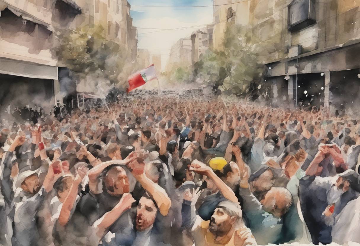 Watercolor painting based depiction of Protests erupted in Iran following a sudden increase in fuel prices, leading to widespread unrest and a government crackdown. (2019)