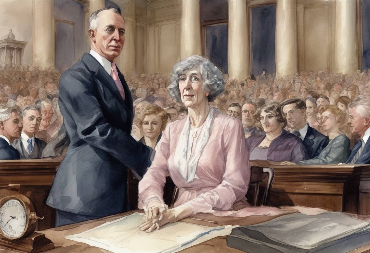 Watercolor painting based depiction of Jeannette Rankin of Montana becomes the first woman member of the United States House of Representatives. (1917)
