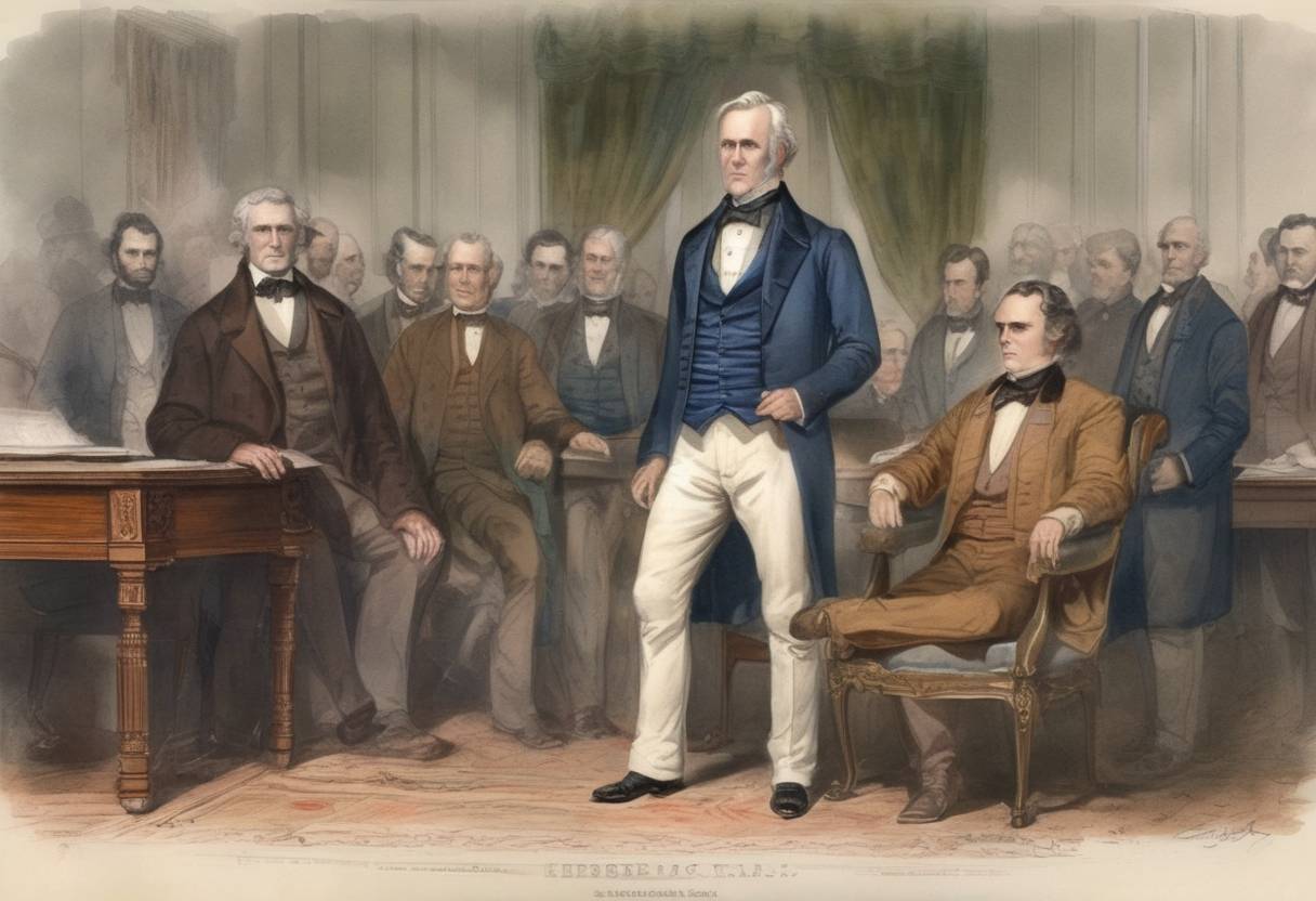 Watercolor painting based depiction of Edward Clark becomes the Governor of Texas, succeeding Sam Houston, who was removed from office for refusing to take an oath of loyalty to the Confederacy. (1861)