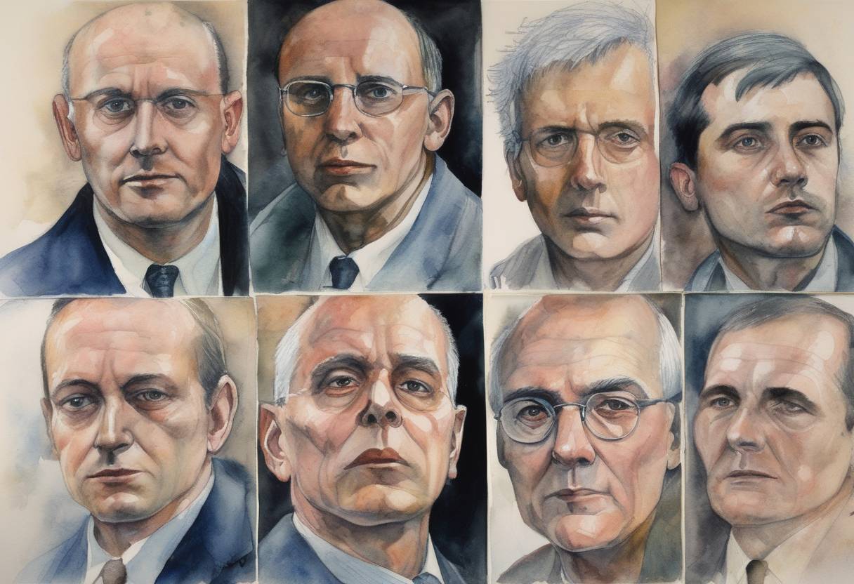 Watercolor painting based depiction of The Birmingham Six, wrongly convicted of the 1974 Birmingham pub bombings, are released after 16 years in prison. (1991)