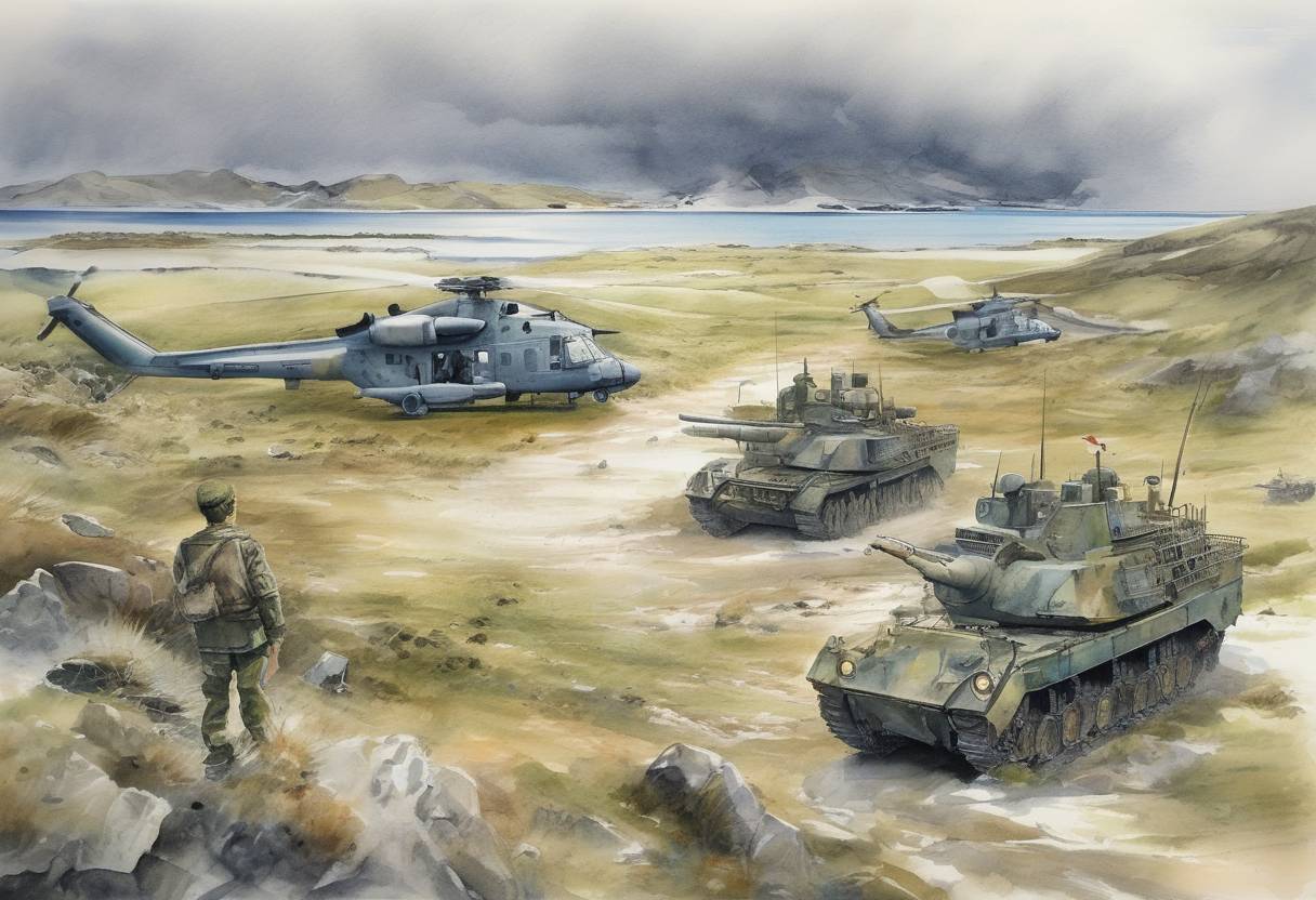 Watercolor painting based depiction of Falklands War: Argentinian forces landed on South Georgia Island, beginning the conflict with the United Kingdom over the Falkland Islands. (1982)