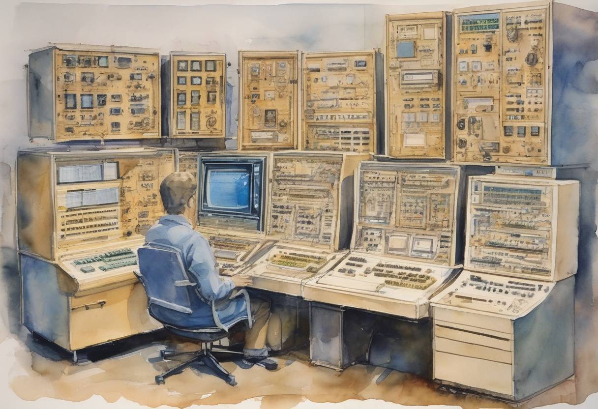 Watercolor painting based depiction of The first-ever computer-to-computer link was established on ARPANET, the precursor to the internet, between UCLA and Stanford Research Institute. (1969)