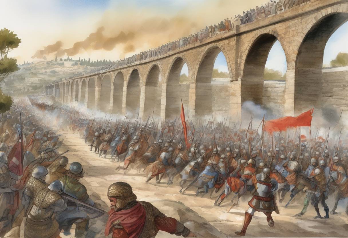 Watercolor painting based depiction of The Battle of the Iron Bridge took place near Antioch, where the Rashidun Caliphate forces under Abu Ubaidah ibn al-Jarrah defeated the Byzantine Empire, leading to the Muslim conquest of Antioch. (637)
