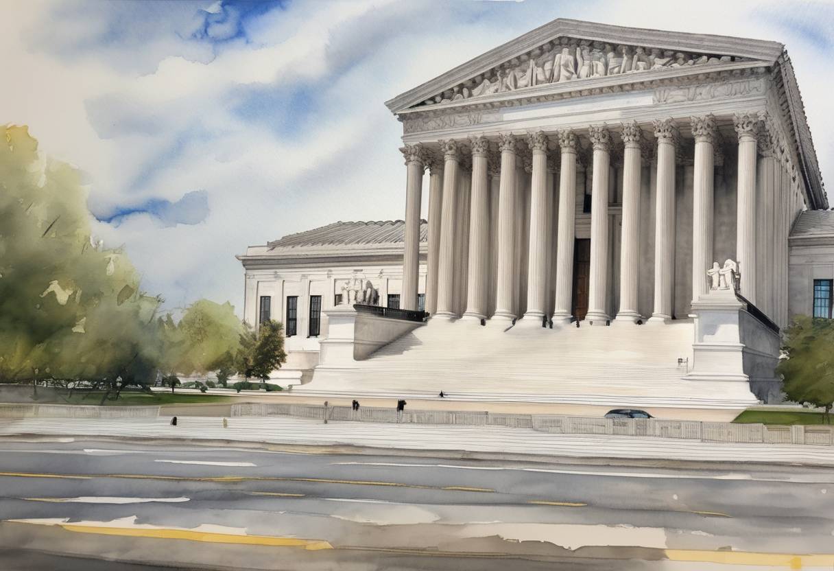 Watercolor painting based depiction of The Supreme Court of the United States ruled in Bostock v. Clayton County that Title VII of the Civil Rights Act of 1964 protects employees against discrimination because of their sexual orientation or gender identity. (2020)