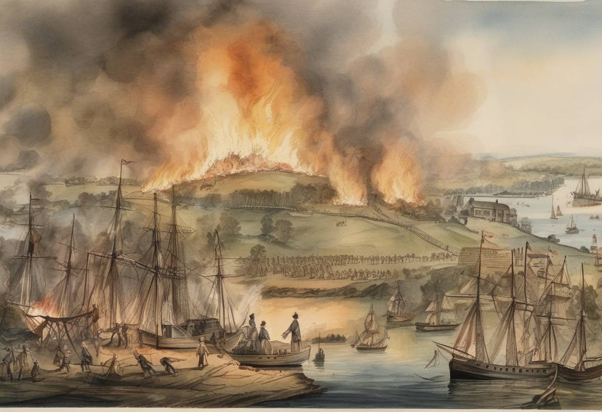 Watercolor painting based depiction of The Burning of Falmouth occurred during the American Revolutionary War, when British forces attacked and burned the town of Falmouth, Massachusetts (now Portland, Maine). (1775)