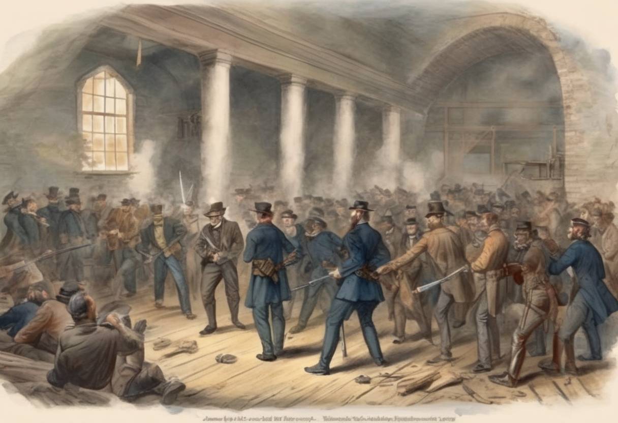 Watercolor painting based depiction of John Brown leads a raid on the federal armory at Harpers Ferry, intending to start an armed slave revolt. (1859)
