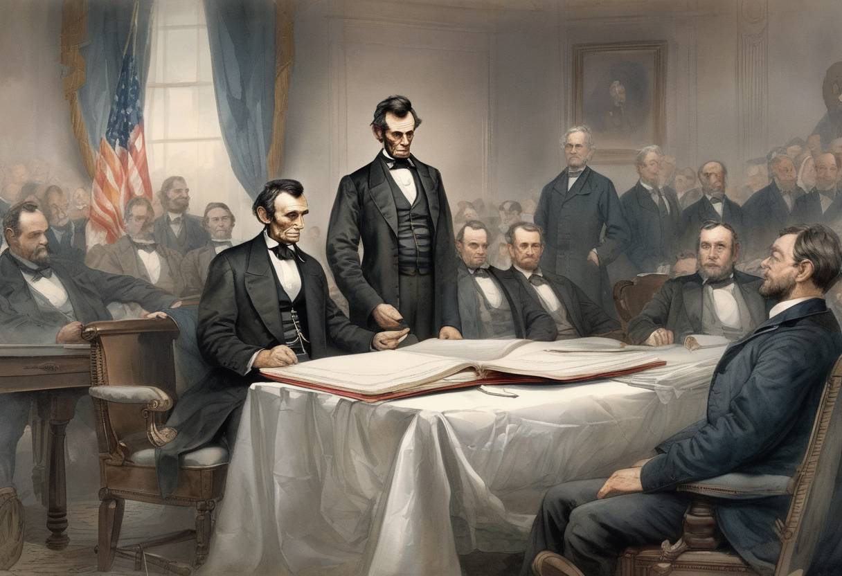 Watercolor painting based depiction of President Abraham Lincoln issues his Proclamation of Amnesty and Reconstruction, offering pardon and restoration of property to Confederates who swear allegiance to the Union. (1863)