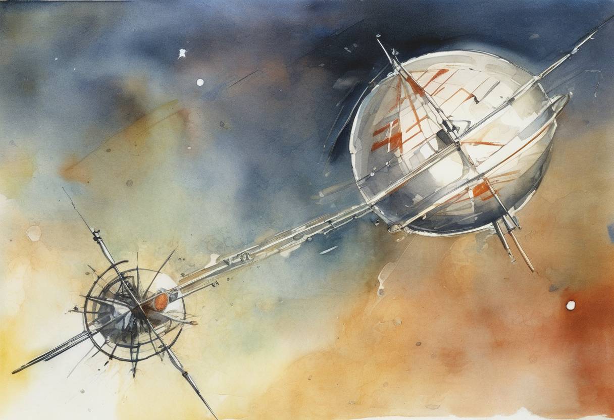 Watercolor painting based depiction of Sputnik 1, the first artificial Earth satellite, fell to Earth from orbit after three months in space. (1958)