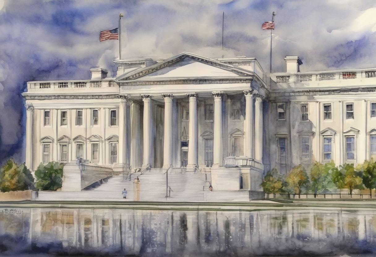 Watercolor painting based depiction of The Emergency Economic Stabilization Act of 2008 was signed into law by U.S. President George W. Bush, authorizing the U.S. Treasury to spend up to $700 billion to purchase distressed assets, especially mortgage-backed securities, and supply cash directly to banks. (2008)