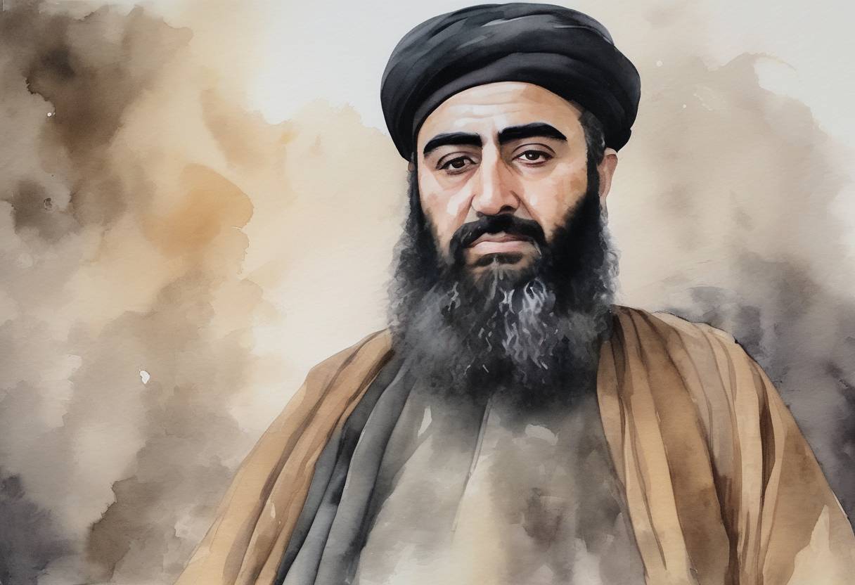 Watercolor painting based depiction of The Islamic State confirmed the death of its leader Abu Bakr al-Baghdadi and announced Abu Ibrahim al-Hashimi al-Qurashi as his successor. (2019)