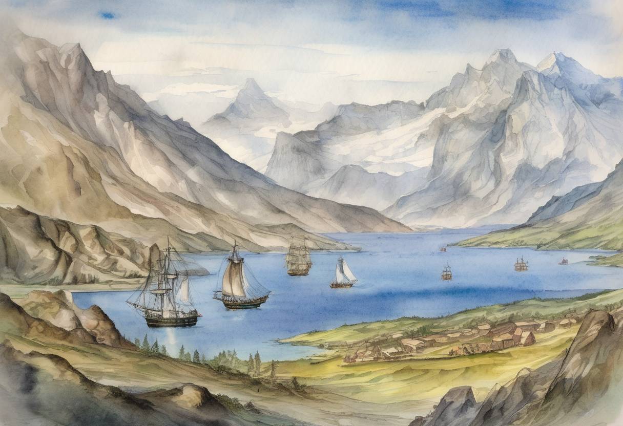 Watercolor painting based depiction of The Strait of Magellan was first navigated by Ferdinand Magellan during his expedition to circumnavigate the globe. (1520)