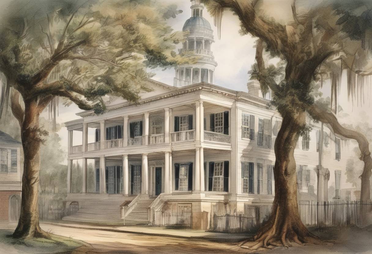 Watercolor painting based depiction of South Carolina ratified the United States Constitution as the eighth American state. (1788)