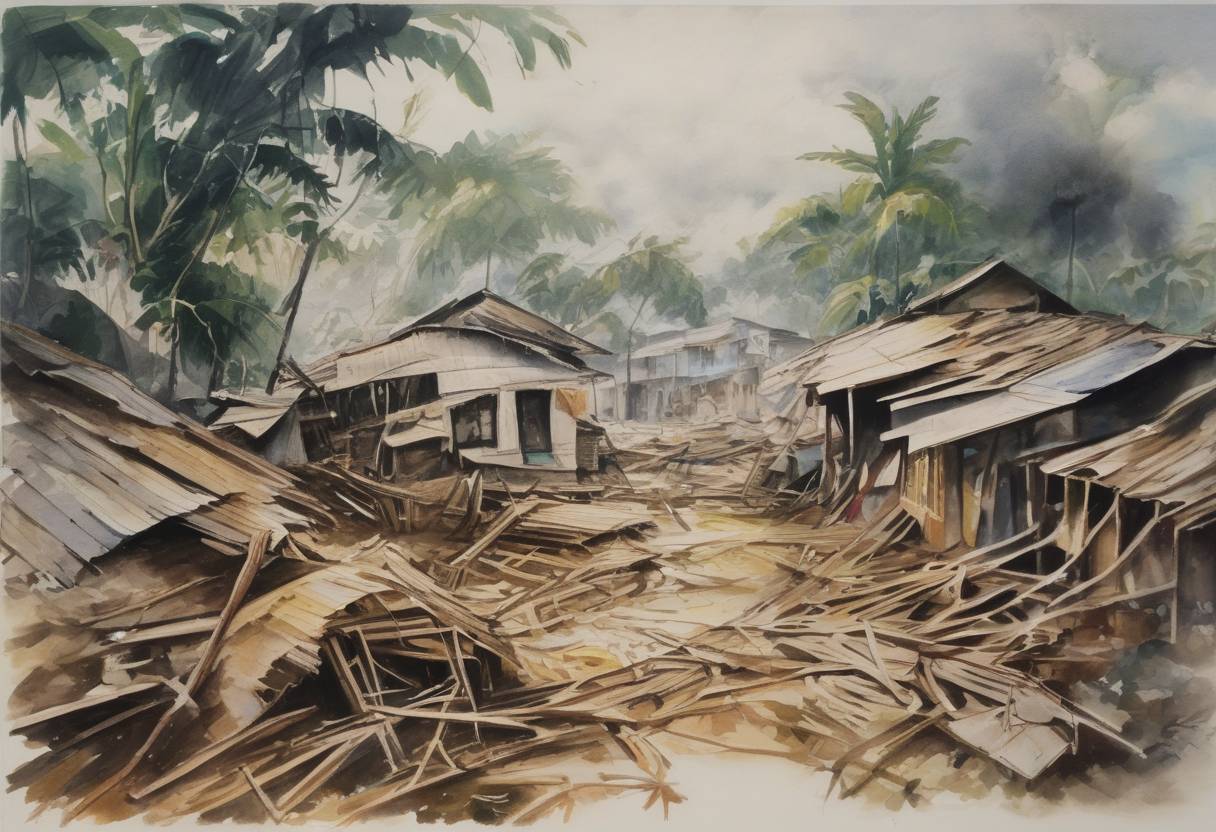 Watercolor painting based depiction of The Bhola cyclone strikes East Pakistan (now Bangladesh) and West Bengal, India, killing an estimated 500,000 people. (1970)