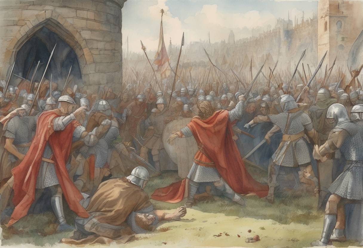 Watercolor painting based depiction of King Æthelred II of England orders the massacre of Danes in the St. Brice's Day massacre. (1002)