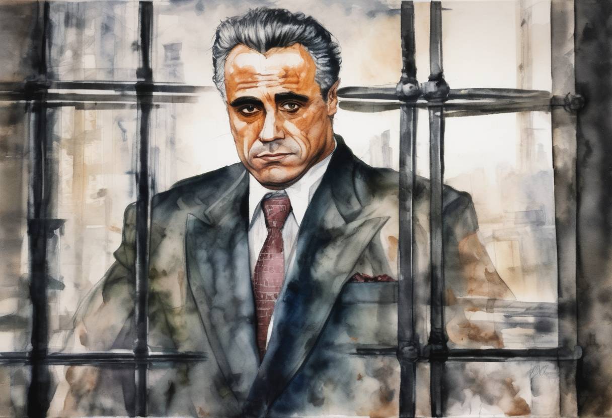 Watercolor painting based depiction of In New York, Mafia boss John Gotti is convicted of murder and racketeering and is later sentenced to life in prison. (1992)