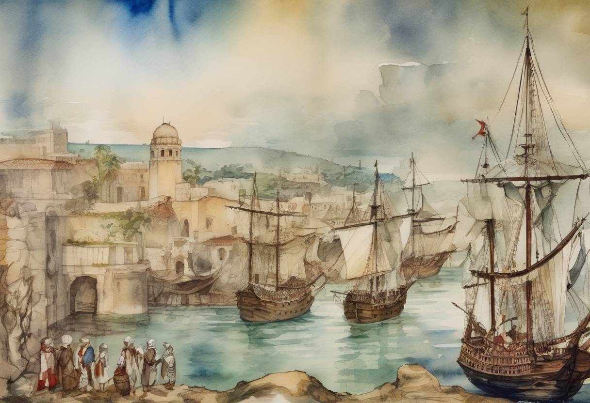 Watercolor painting based depiction of Christopher Columbus began his return to Spain from his first voyage to the Americas. (1493)