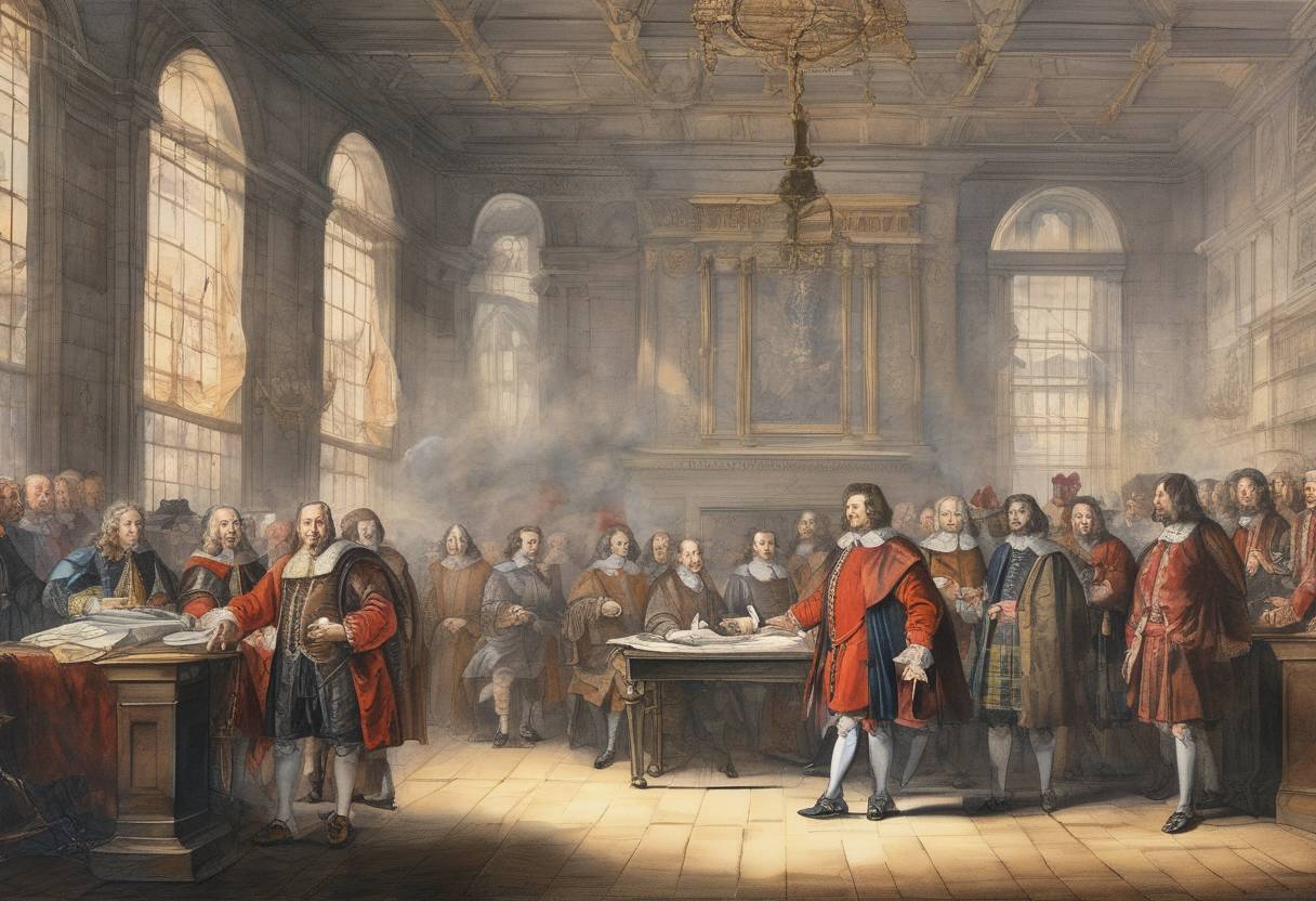 Watercolor painting based depiction of The Treaty of London was signed, ending the Bishops' Wars between England and Scotland. This treaty was part of the larger conflict that led to the English Civil War. (1641)