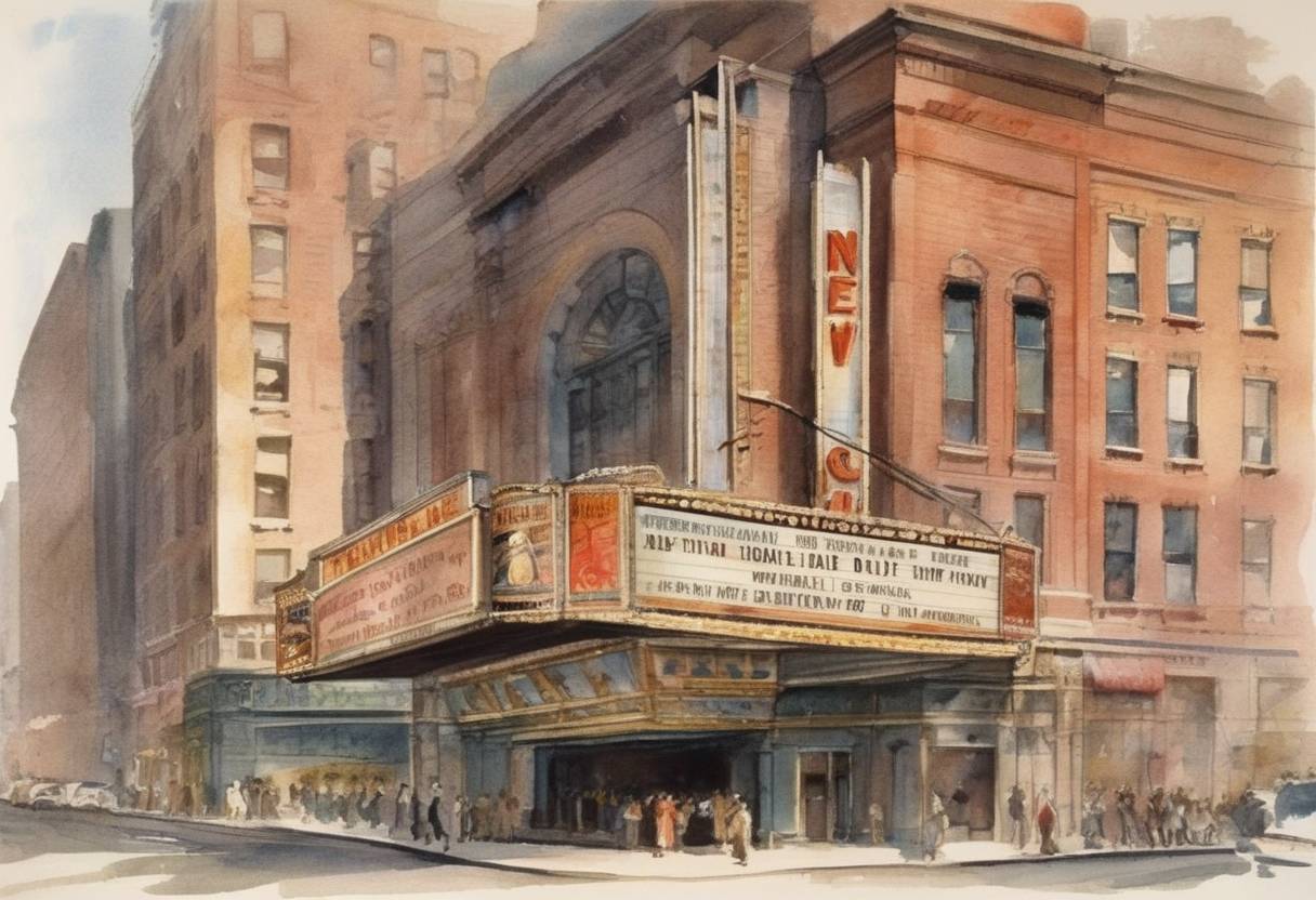 Watercolor painting based depiction of The first theater built specifically for rear-projection movies opens in New York City. (1931)