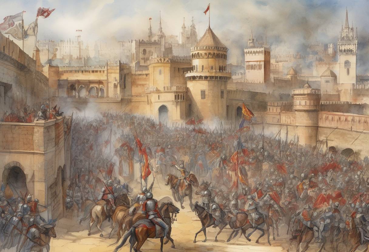 Watercolor painting based depiction of The Conquest of Seville by the Christian forces of King Ferdinand III of Castile is completed, marking a significant event in the Reconquista, the centuries-long series of battles by Christian states to recapture territory from the Muslims (Moors) on the Iberian Peninsula. (1248)