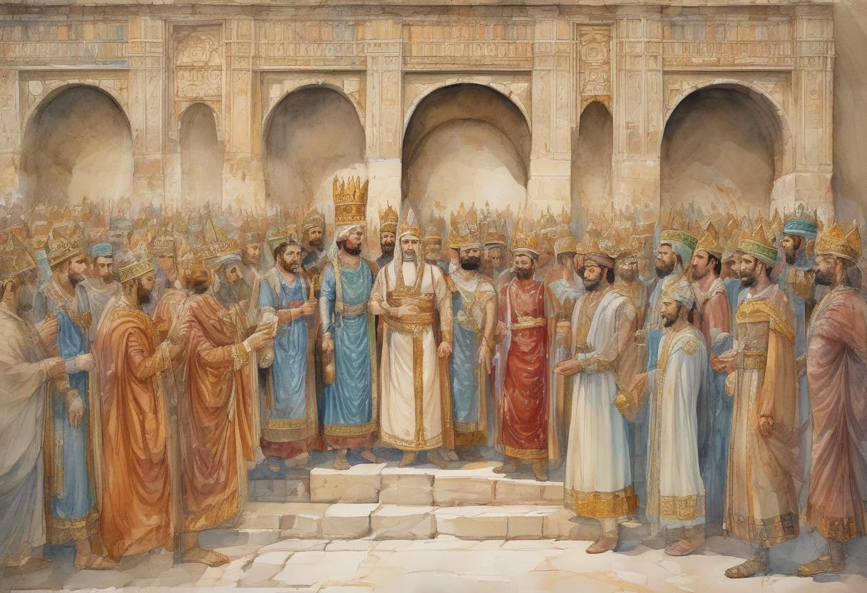 Watercolor painting based depiction of Khosrow II is crowned King of Persia, beginning his reign over the Sasanian Empire. (590)