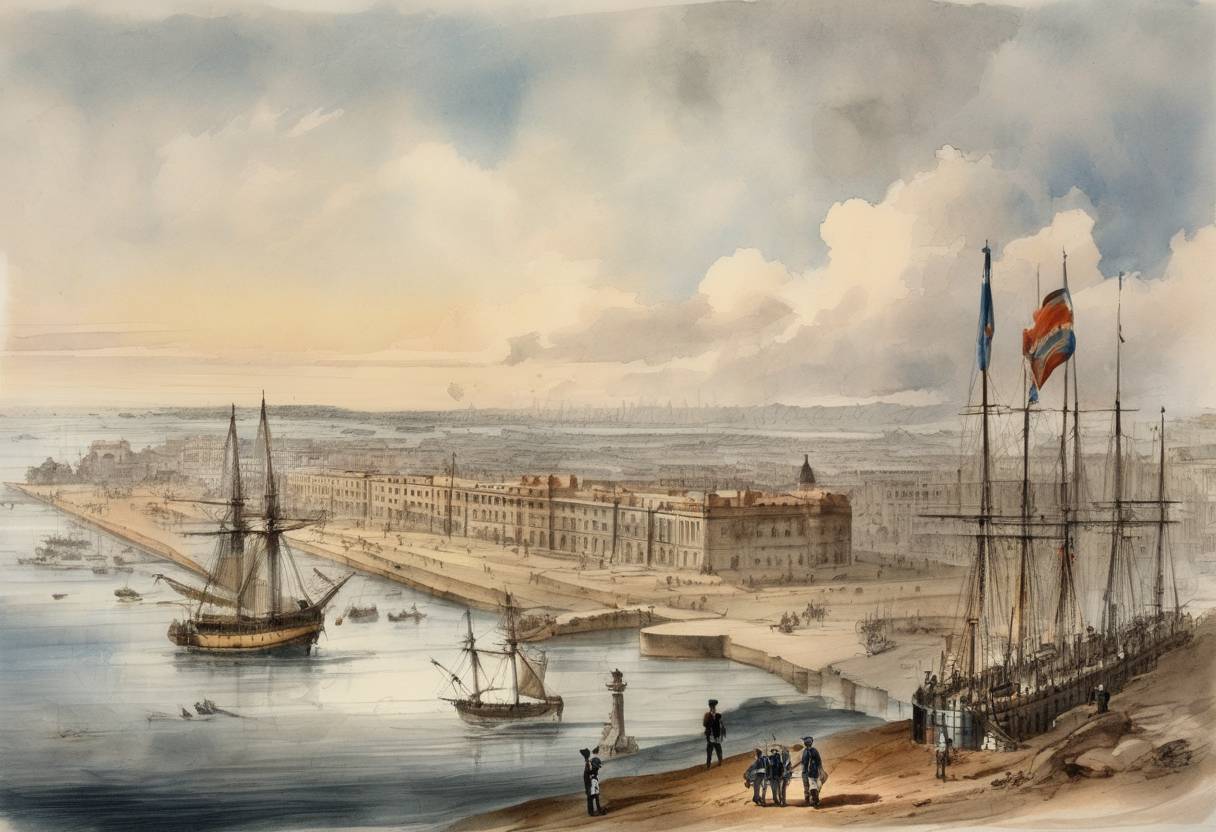 Watercolor painting based depiction of A British military force, under Brigadier-General Sir Samuel Auchmuty, captures the Spanish-ruled city of Montevideo, now the capital of Uruguay. (1807)