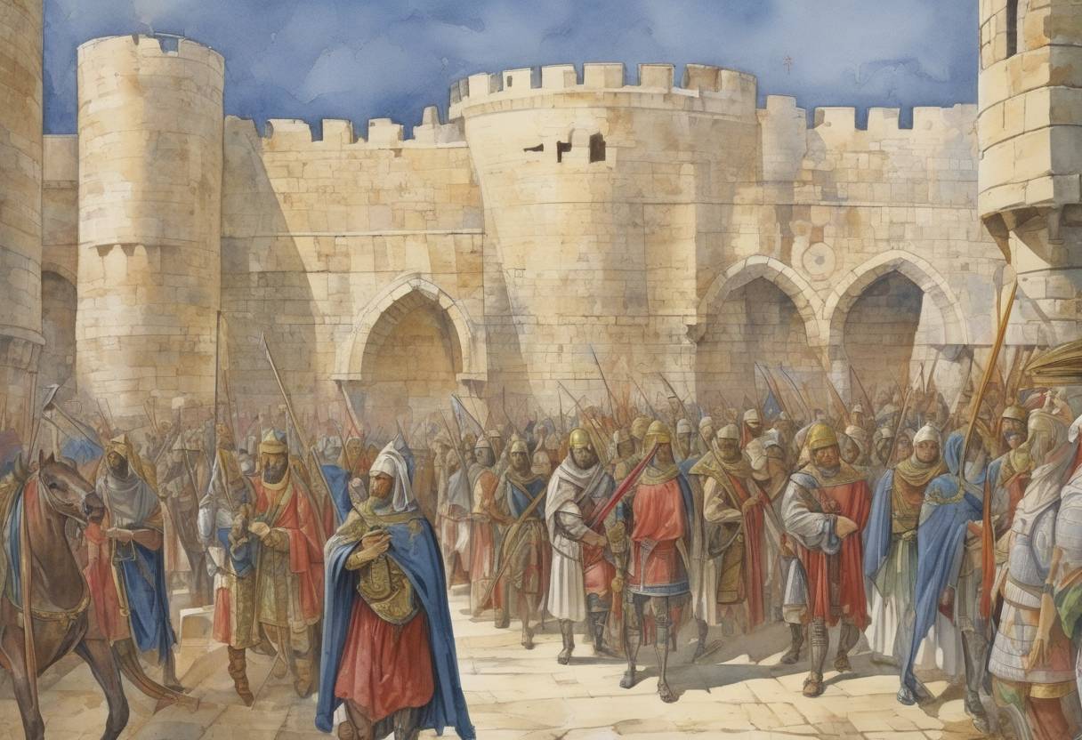 Watercolor painting based depiction of The Fifth Crusade leaves Acre for Egypt. (1218)