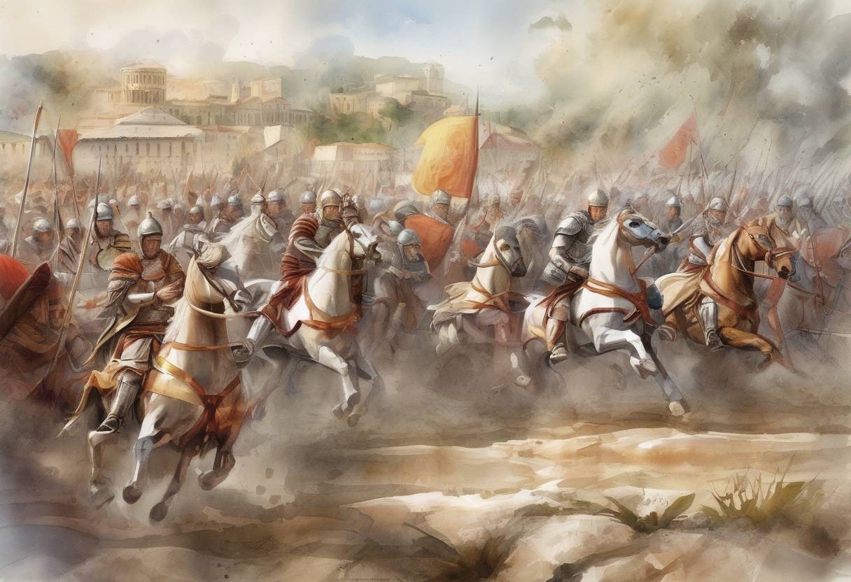 Watercolor painting based depiction of The Battle of the Frigidus took place, where the Eastern Roman Emperor Theodosius I defeated the Western Roman usurper Eugenius, consolidating his control over the Roman Empire. (394)