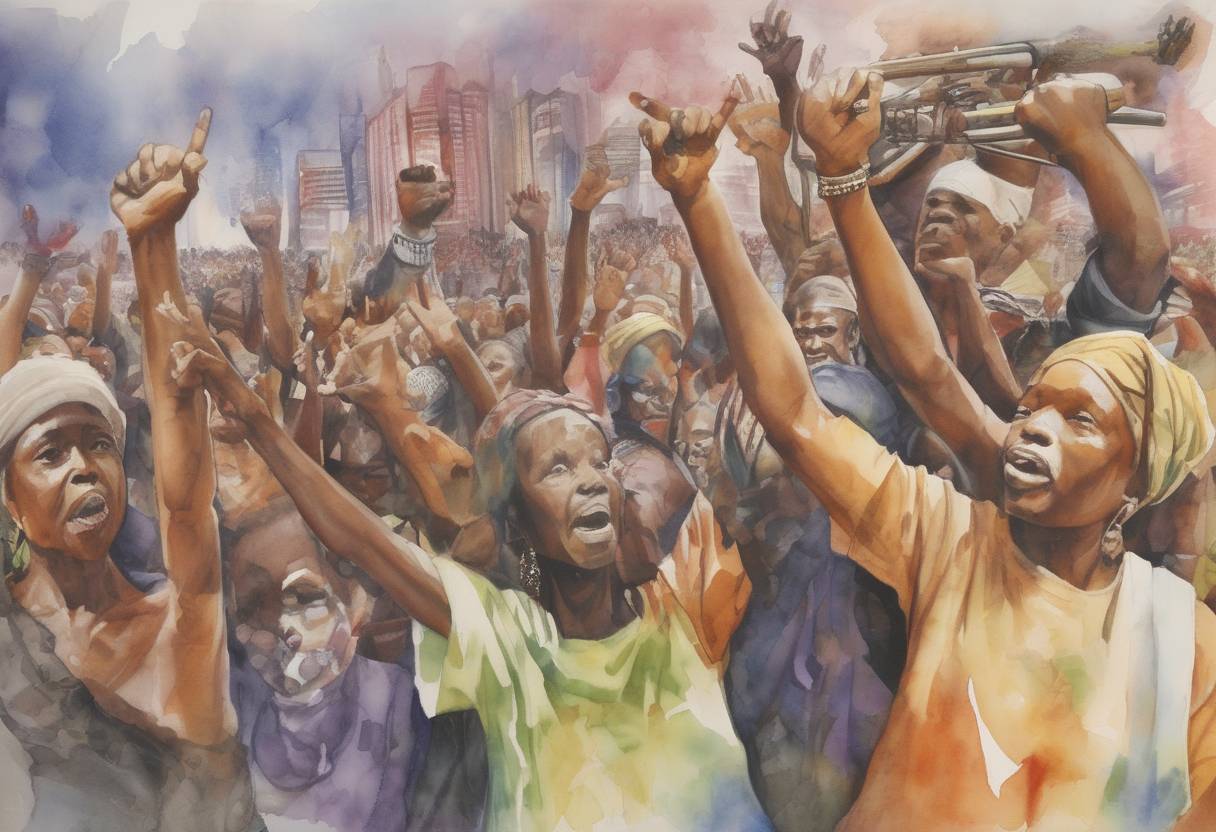 Watercolor painting based depiction of Live 8 concerts were held in various cities around the world to raise awareness of poverty in Africa and pressure G8 leaders to take action. (2005)