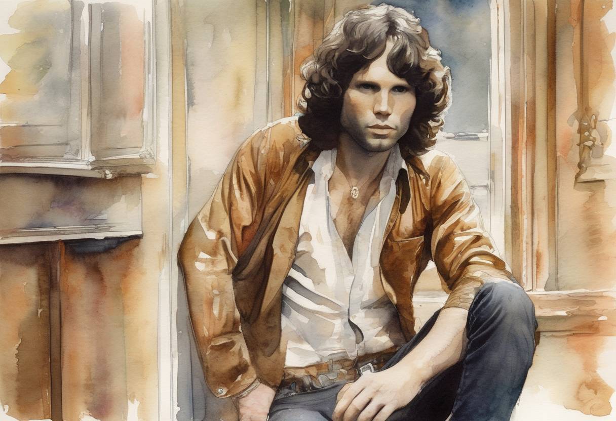 Watercolor painting based depiction of Jim Morrison, lead singer of The Doors, was found dead in his Paris apartment. (1971)