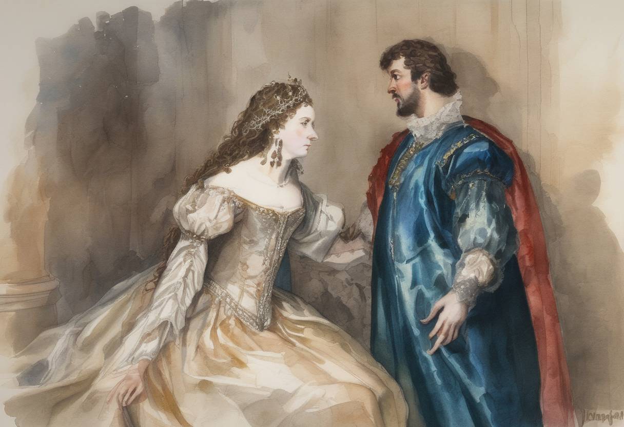 Watercolor painting based depiction of The first actress to appear on an English public stage, Margaret Hughes, performed as Desdemona in a production of Shakespeare's 'Othello'. (1660)