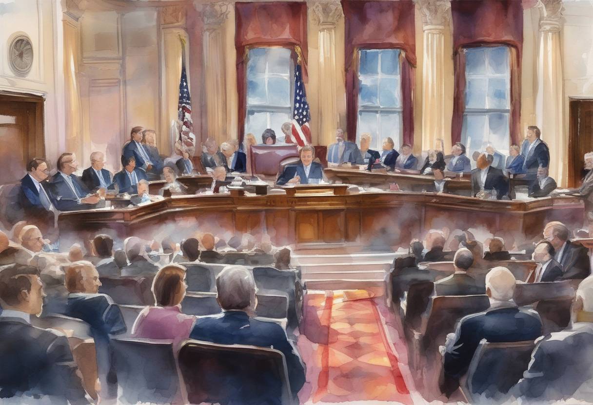 Watercolor painting based depiction of The United States Senate rejects a proposal to repeal the Affordable Care Act, commonly known as Obamacare, with a dramatic vote that ends with a tie-breaking vote cast by Vice President Mike Pence. (2017)