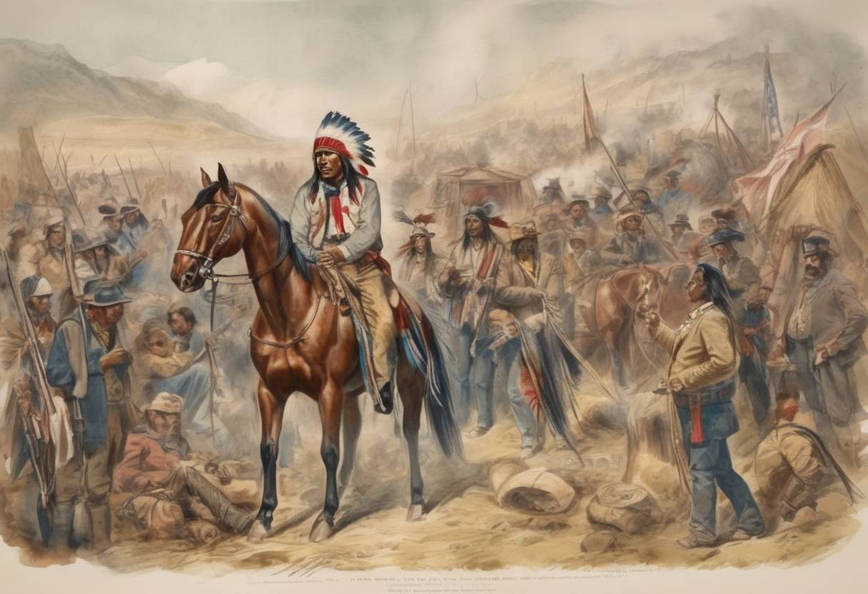 Watercolor painting based depiction of American Indian Wars: The Modoc War ends with the surrender of Captain Jack and his band to the U.S. Army, marking the conclusion of the conflict in California and Oregon. (1873)