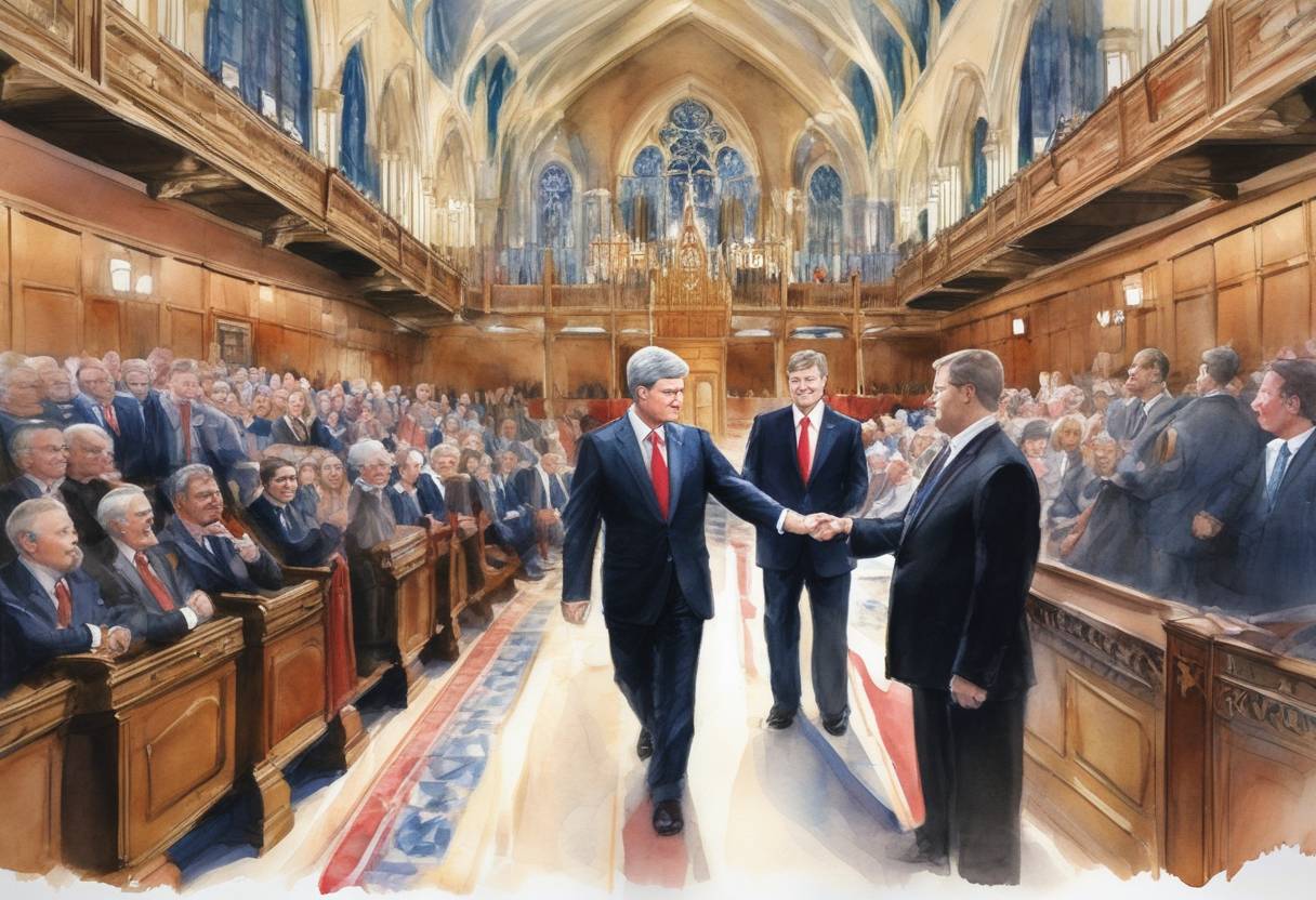 Watercolor painting based depiction of Canadian Prime Minister Stephen Harper introduces a motion in the House of Commons recognizing the Québécois as a nation within a united Canada, which is passed by the House. (2006)
