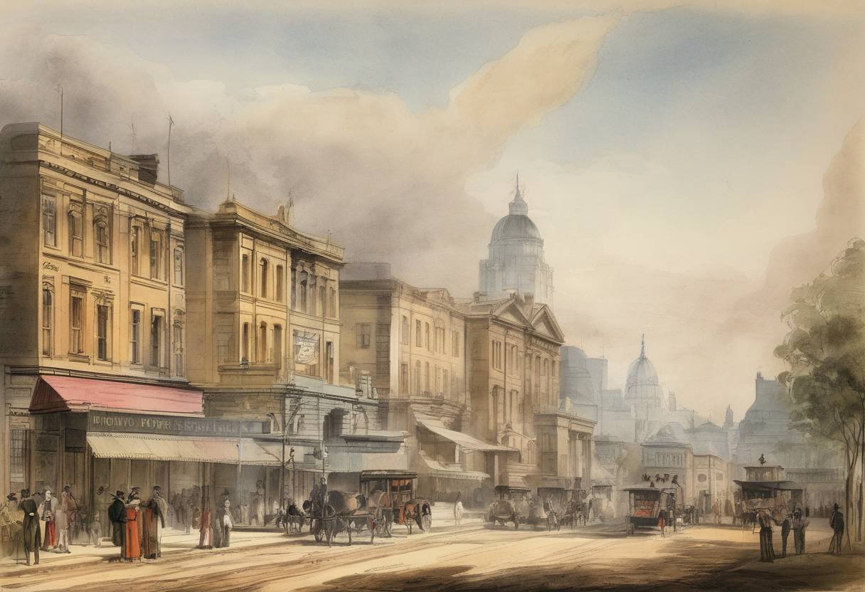 Watercolor painting based depiction of Melbourne, Australia, is founded by John Batman and John Pascoe Fawkner. (1835)