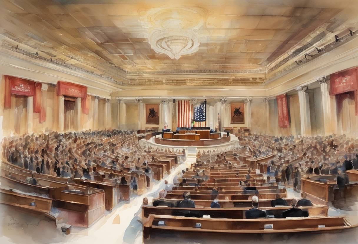 Watercolor painting based depiction of The United States House of Representatives passed a resolution recognizing the 60th anniversary of the founding of the People's Republic of China. (2009)