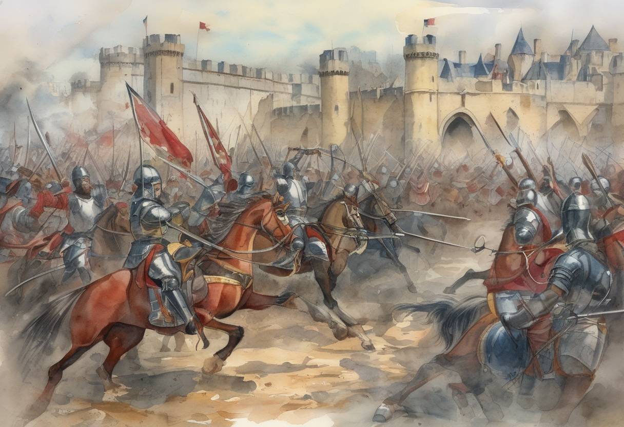 Watercolor painting based depiction of The Battle of Poitiers took place during the Hundred Years' War, where the English forces, led by Edward, the Black Prince, defeated the French army, capturing King John II of France. (1356)