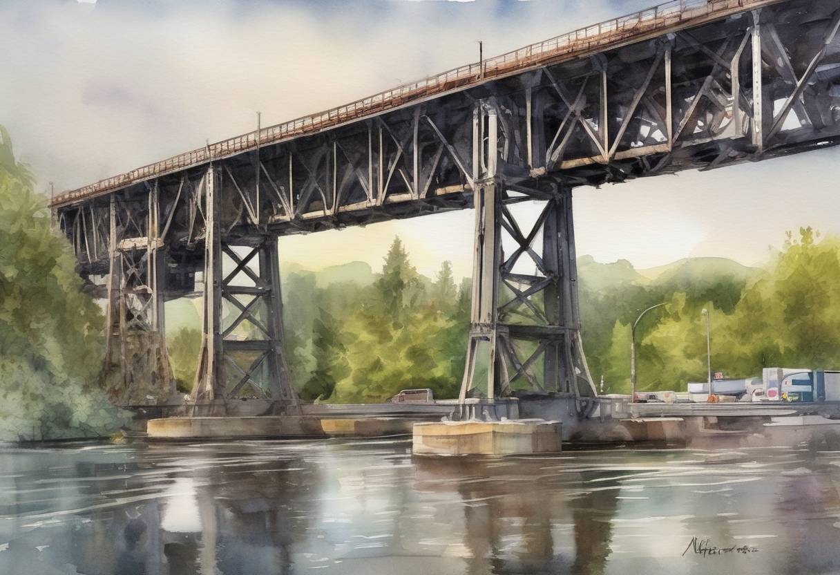Watercolor painting based depiction of The Interstate 5 bridge over the Skagit River in Washington State collapsed after a truck struck a girder, causing a major transportation disruption. (2013)
