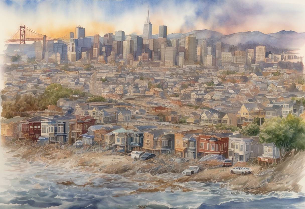 Watercolor painting based depiction of The Loma Prieta earthquake struck the San Francisco Bay Area, causing significant damage and loss of life, and interrupting the World Series baseball game. (1989)
